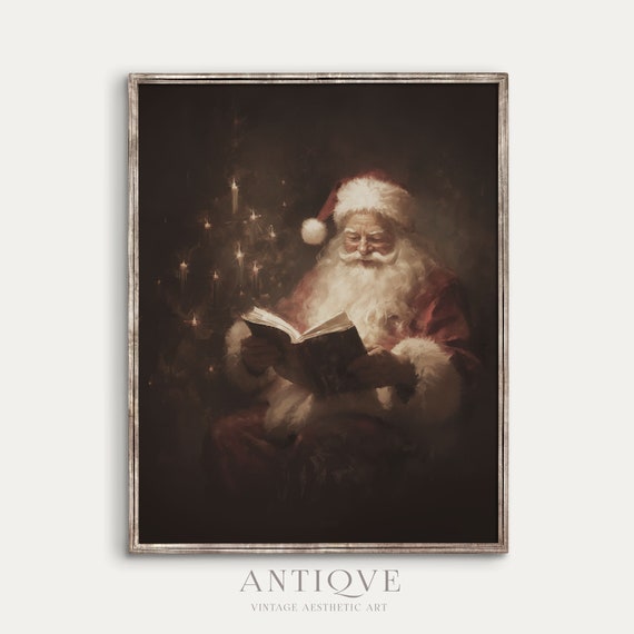 Santa Claus Reading Print Moody Christmas Vintage Christmas Decor 1044v