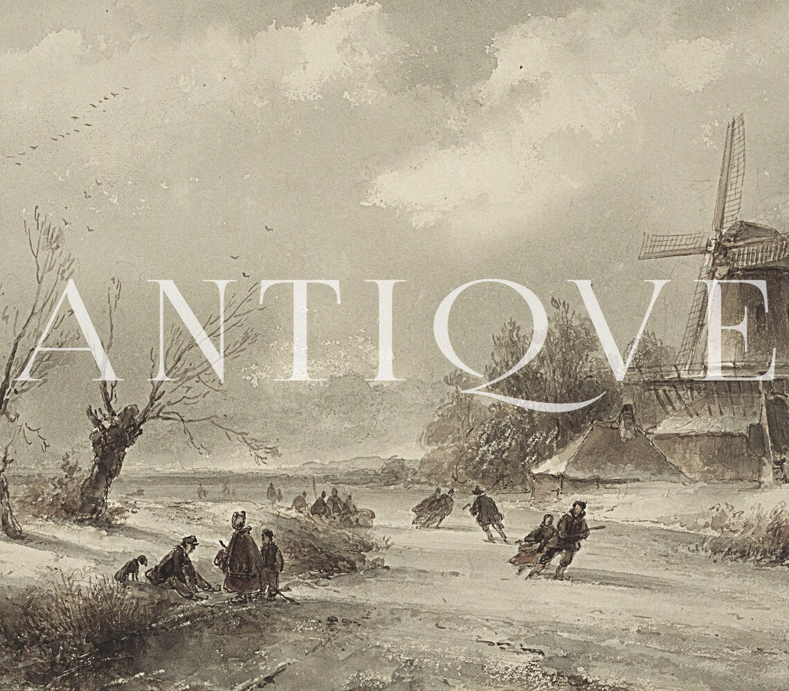 Vintage Ice Skating Painting, Snowy Landscape - Image 4