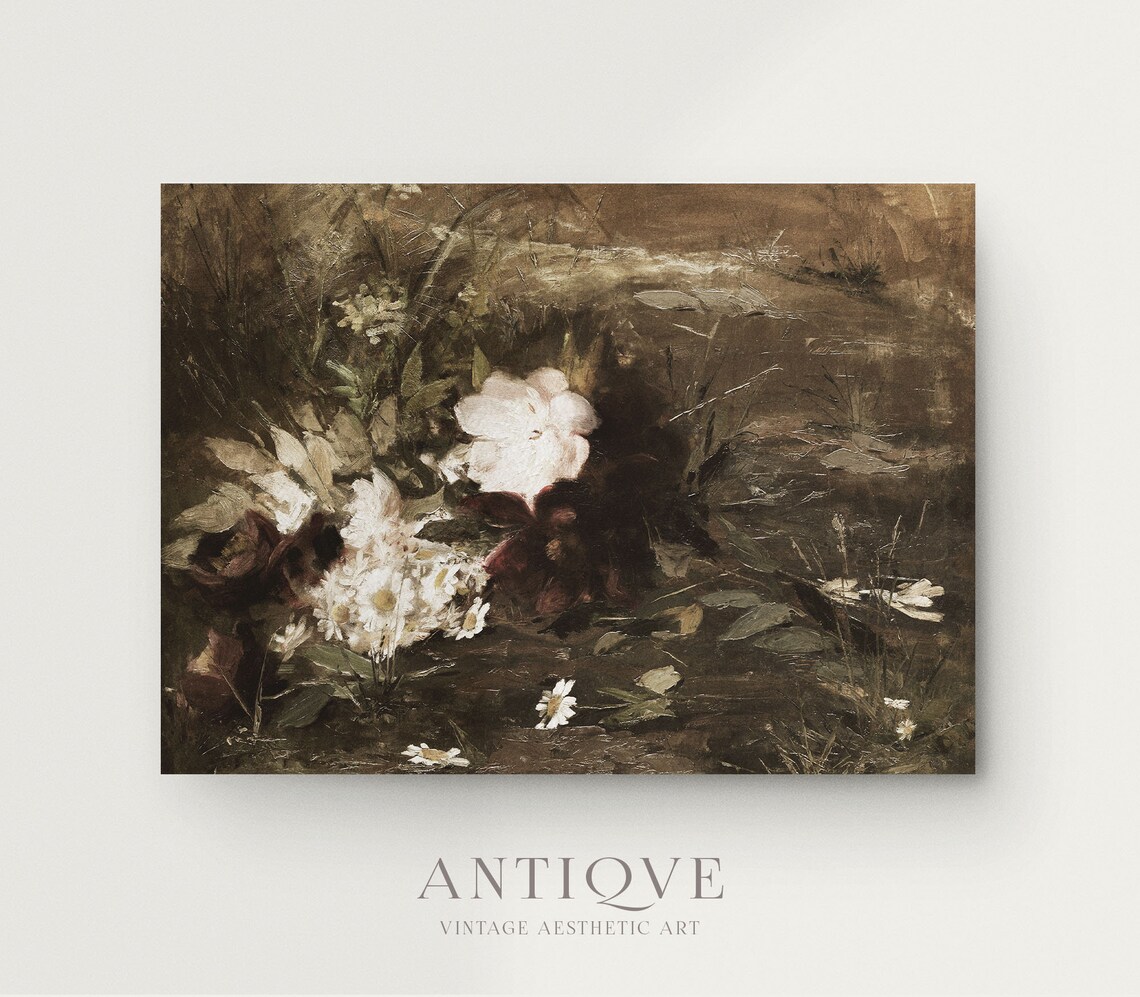 Wild White Blossoms Dark Meadow Vintage Floral Painting Print - Image 2