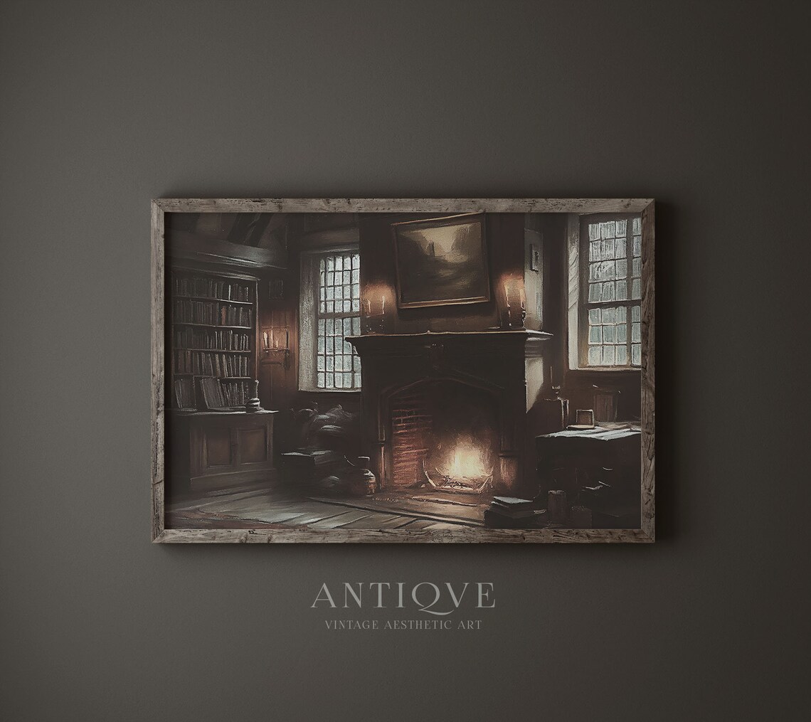 Moody Cottage Living Room Fireplace, Vintage Bookish Art Print - Image 4