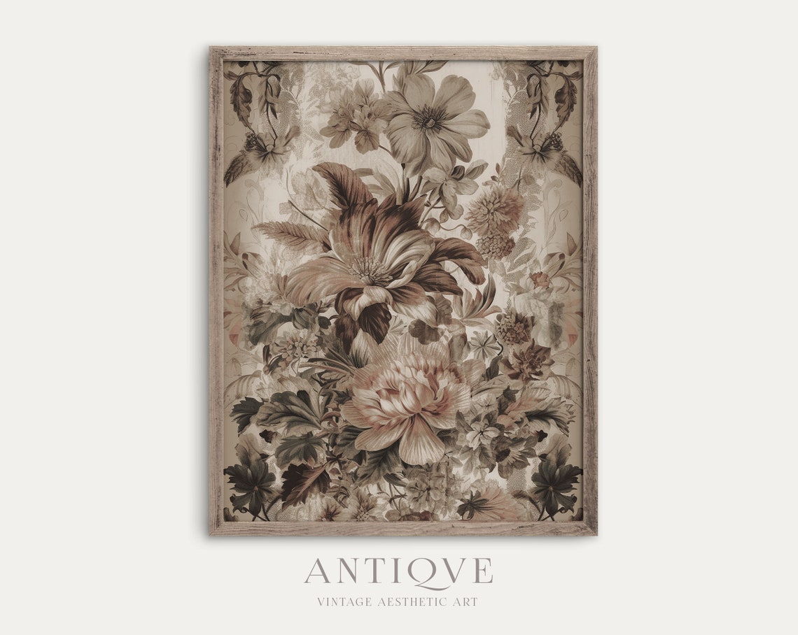 Antique Floral Tapestry Botanical Beige Tone Vintage Art Print