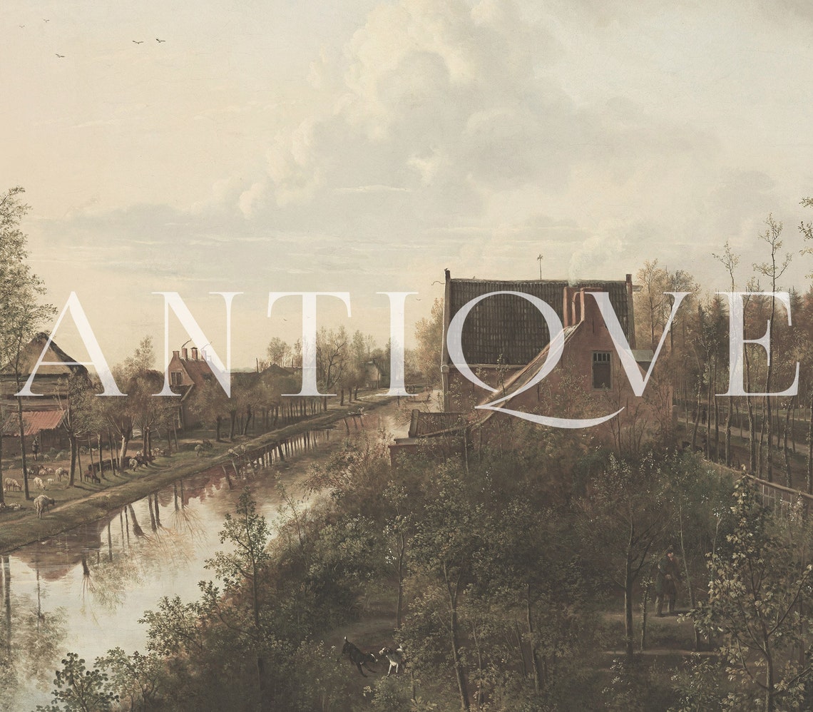 Village Canal With Brick Houses Antique Landscape Painting Poster - Image 3