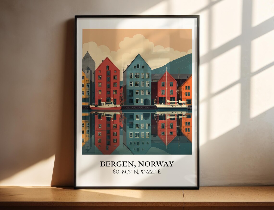 Bergen Norway Bryggen Wharf Colorful Houses Harbor Travel Poster