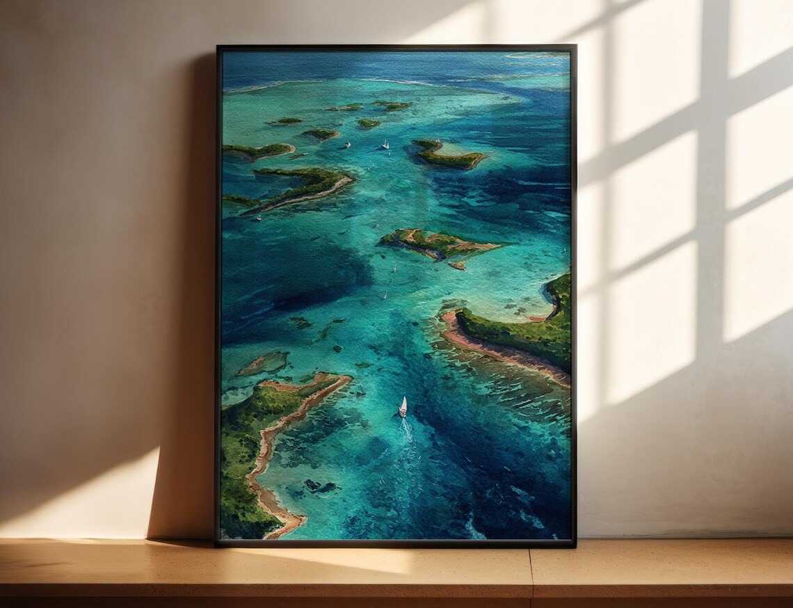 Los Roques Venezuela Aerial Turquoise Island Seascape Watercolor Print