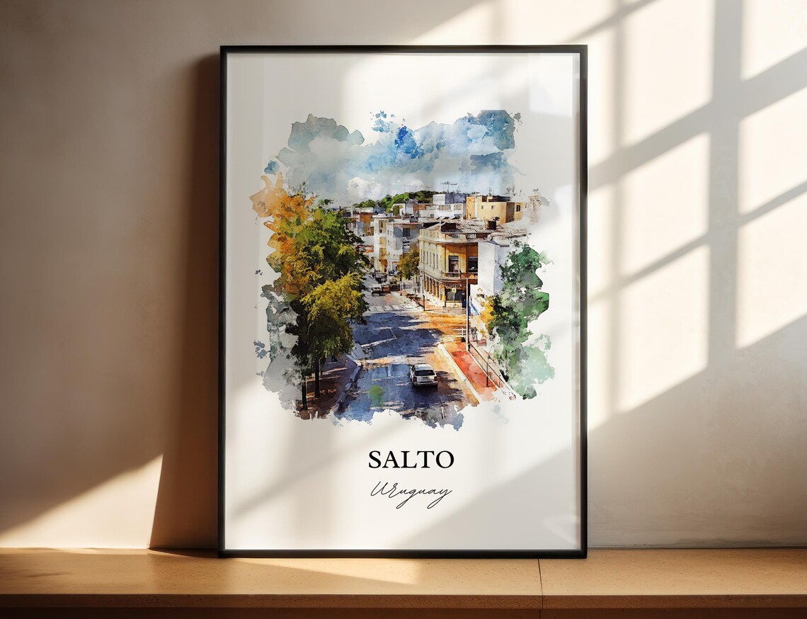 Salto Uruguay Tree Lined Street Watercolor City Scene Poster