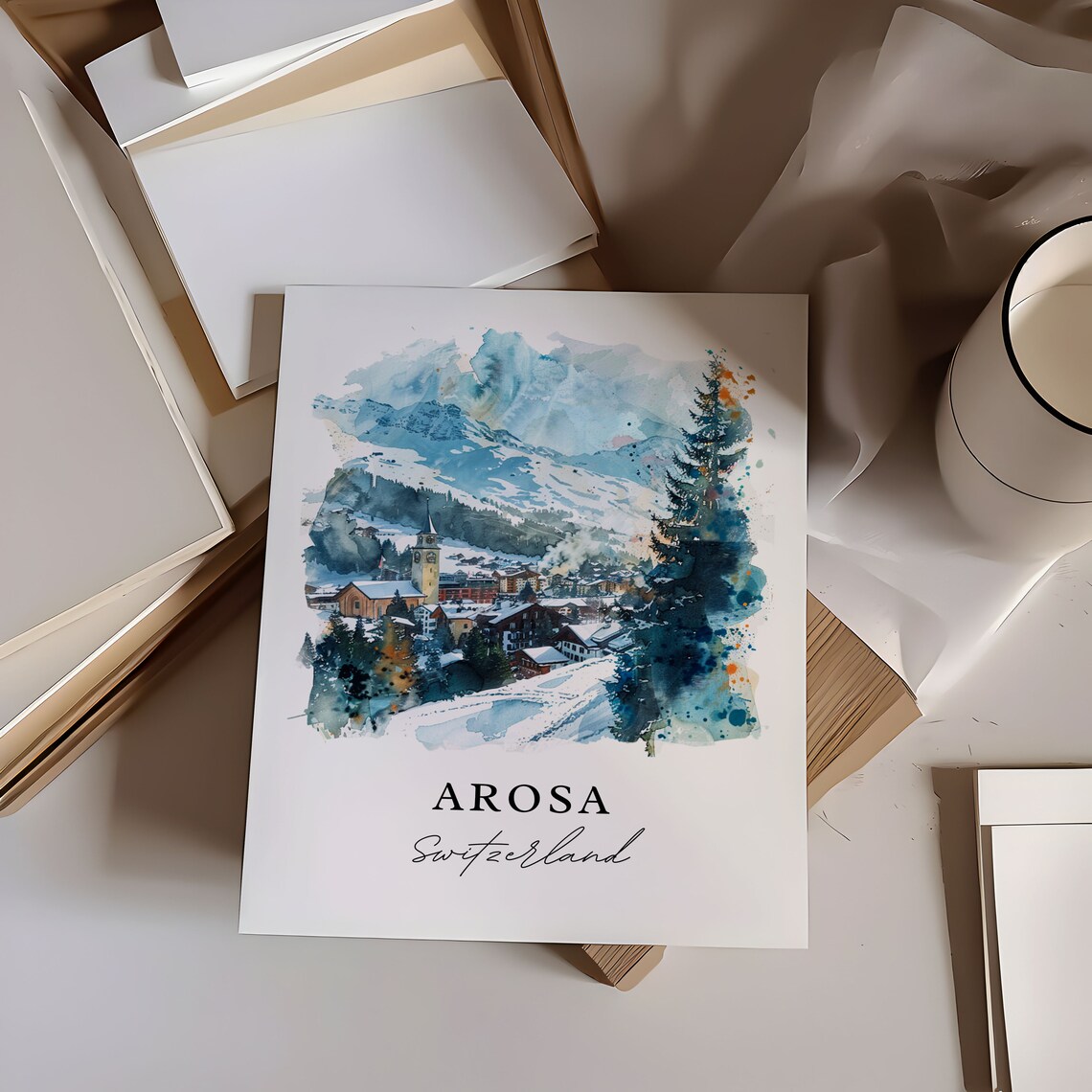 Arosa Switzerland Watercolor Alpine Ski Village Snowy Peaks Poster - Image 6