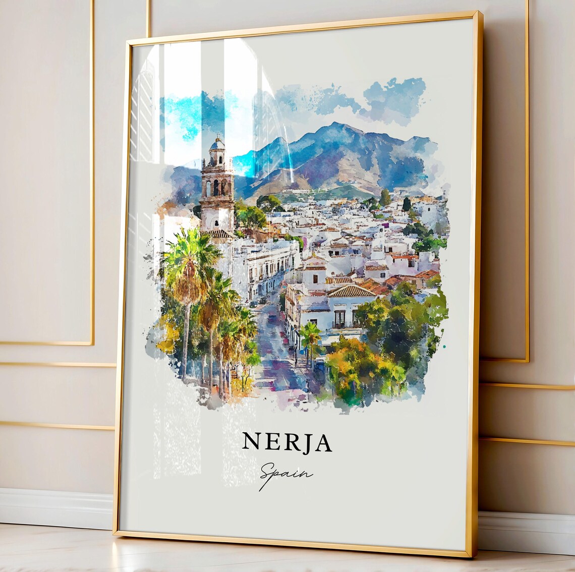Nerja Spain White Town Watercolor Mountain Street Travel Art Poster - Image 3