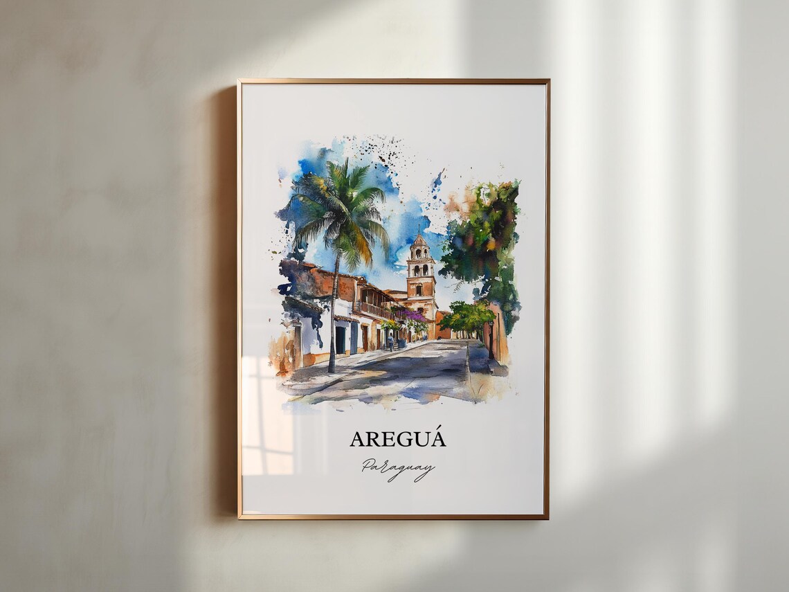 Aregua Paraguay Watercolor Colonial Street Palm Church Tower Poster - Image 5