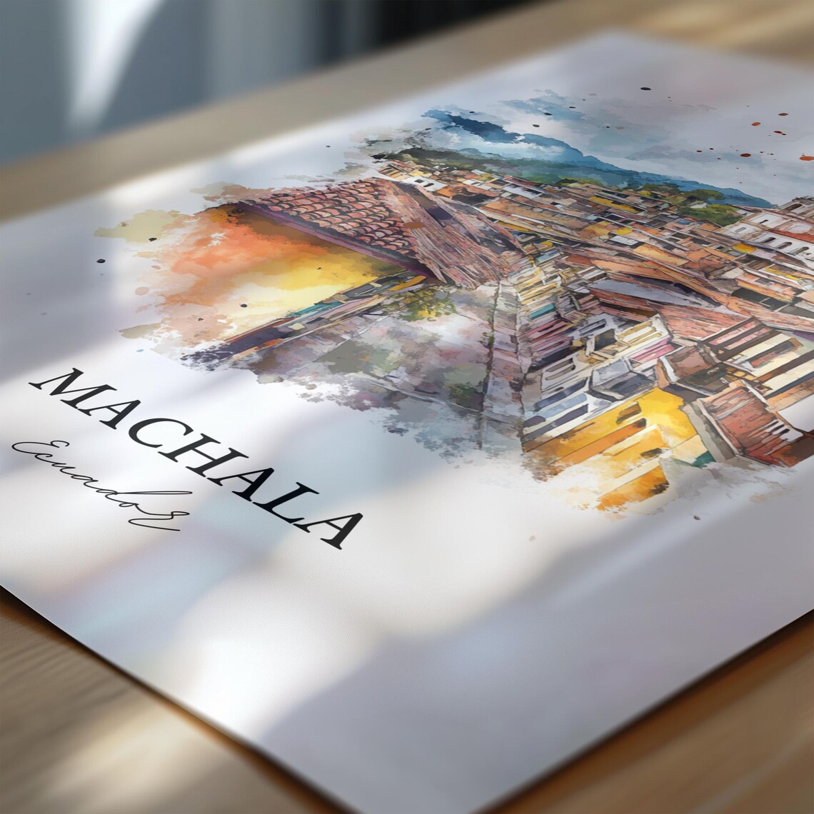 Machala Ecuador Watercolor Hillside Street Church Mountain Poster - Image 6