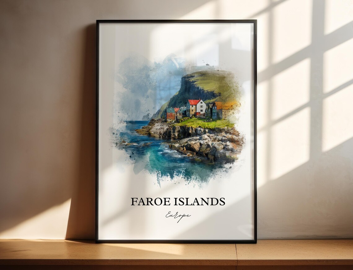 Faroe Islands Colorful Cliff Village Watercolor Europe Travel Poster