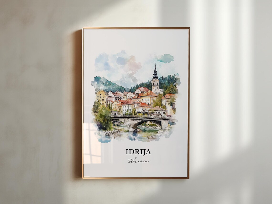 Idrija Slovenia River Bridge Church Tower Watercolor Old Town Poster - Image 3