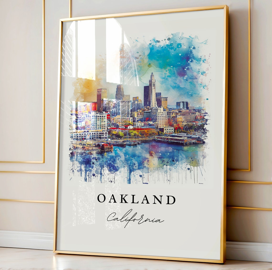 Oakland California Downtown Skyline Waterfront Watercolor Poster - Image 4