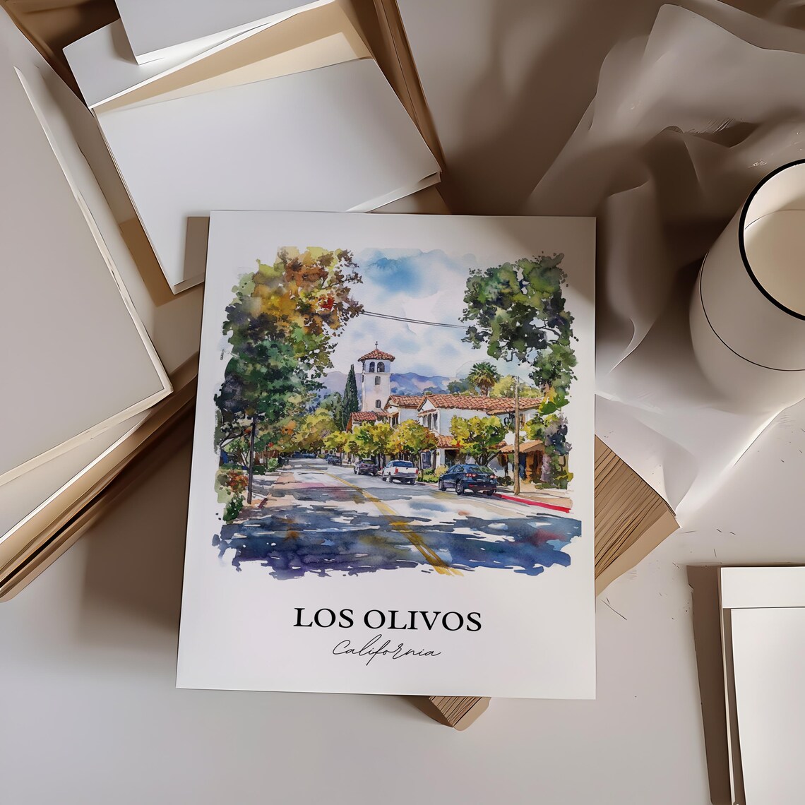Los Olivos California Spanish Mission Street Watercolor Travel Poster - Image 3