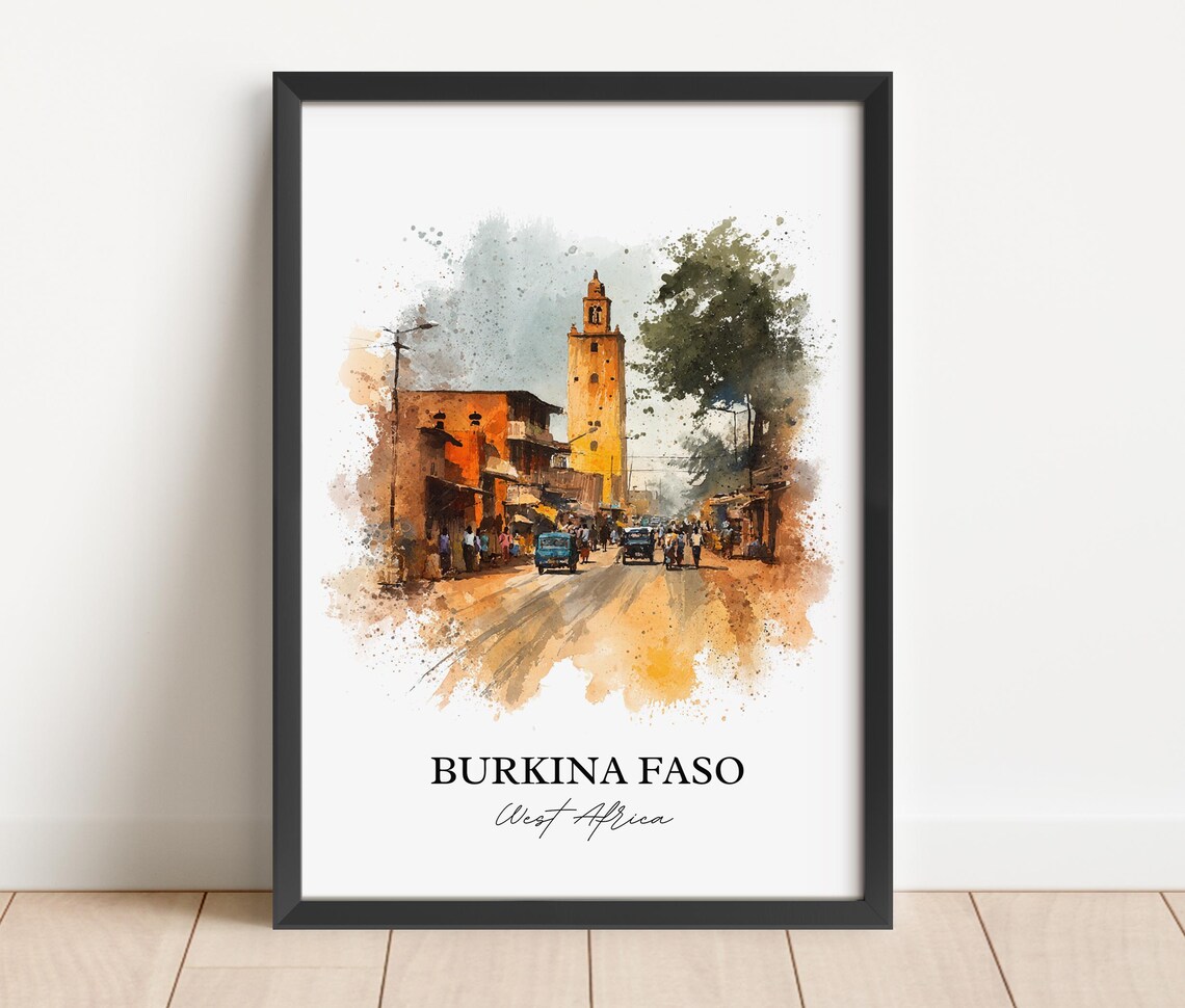 Burkina Faso West Africa Street Tower Watercolor Travel Poster - Image 4