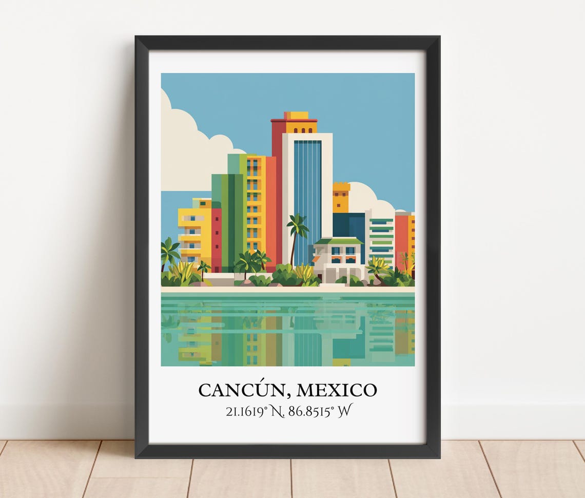 Cancun Mexico Beachfront Skyline Palms Water Reflection Travel Poster - Image 2