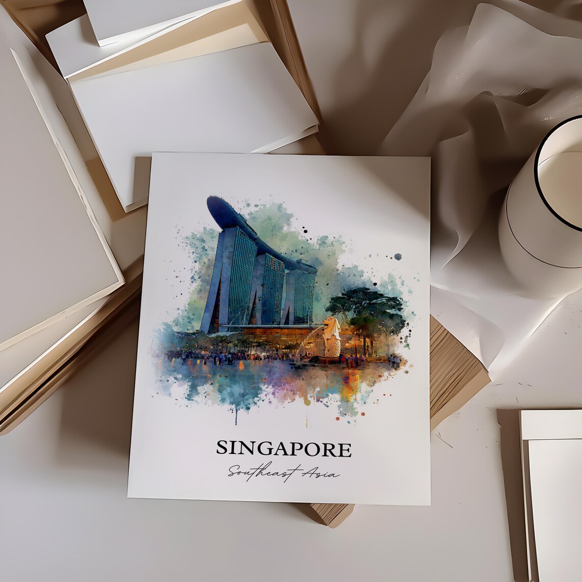 Singapore Watercolor Art Iconic Marina Bay Merlion Skyline Poster - Image 4