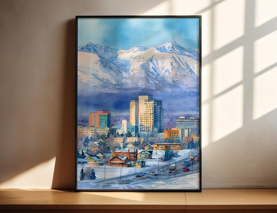 Anchorage Alaska Watercolor Skyline Snowy Chugach Mountains City Poster