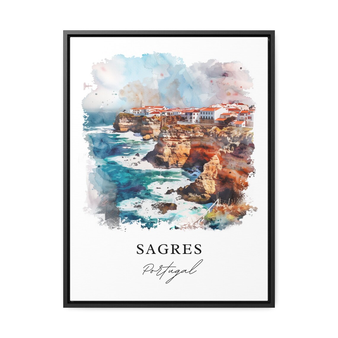 Sagres Portugal Watercolor Cliffs Crashing Waves Village Poster - Image 3