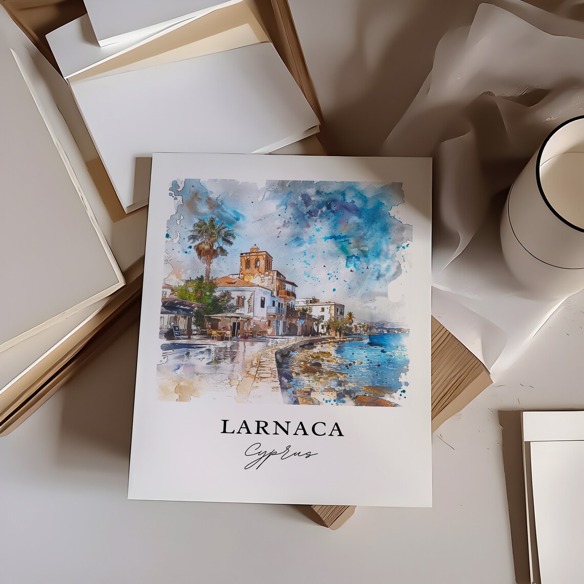 Larnaca Cyprus Sunny Seafront Promenade Watercolor Travel Poster - Image 5