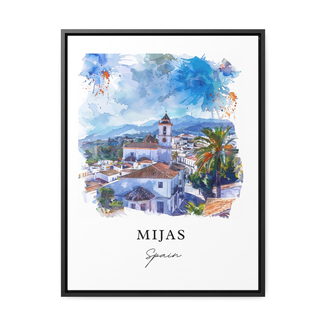 Mijas Spain Watercolor Whitewashed Village Church Palm Trees Poster - Image 3