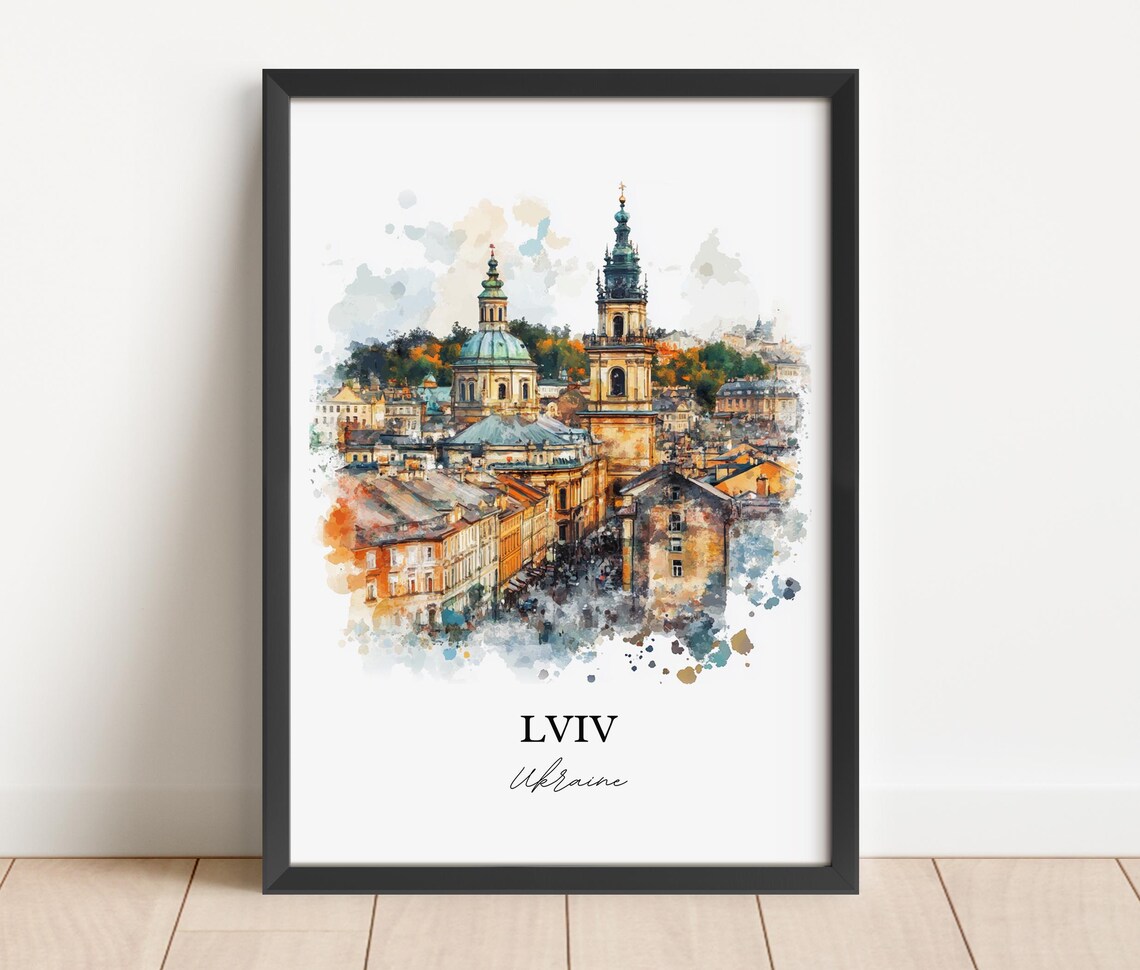 Lviv Ukraine Old Town Church Towers Watercolor Europe Travel Poster - Image 2