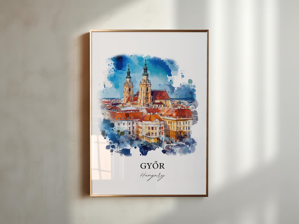 Gyor Hungary Watercolor Cathedral Twin Towers City Skyline Poster - Image 4