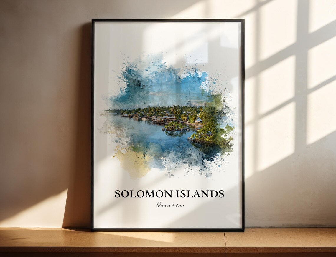 Solomon Islands Oceania Waterfront Village Watercolor Art Poster