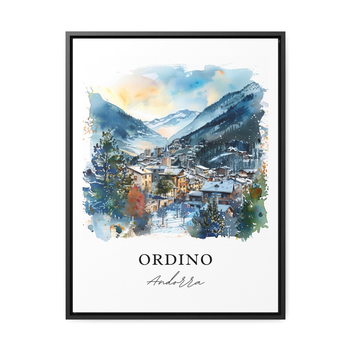 Ordino Andorra Snowy Mountain Village Watercolor Travel Poster - Image 3