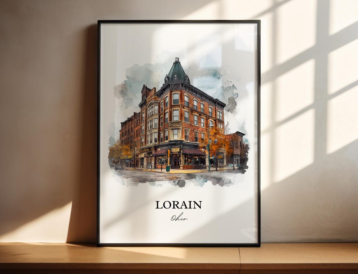 Lorain Ohio Watercolor Historic Brick Corner Building Poster