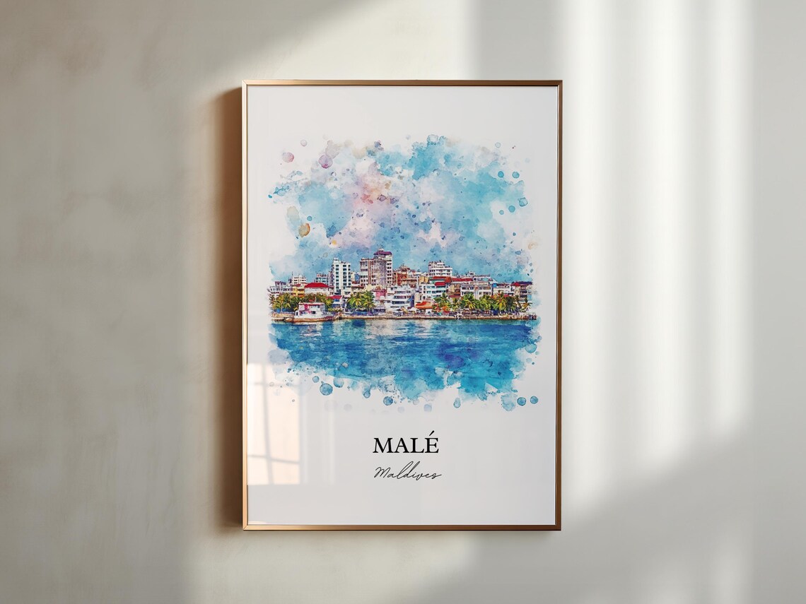 Malé Maldives Watercolor Tropical Island Capital Skyline Sea Poster - Image 2