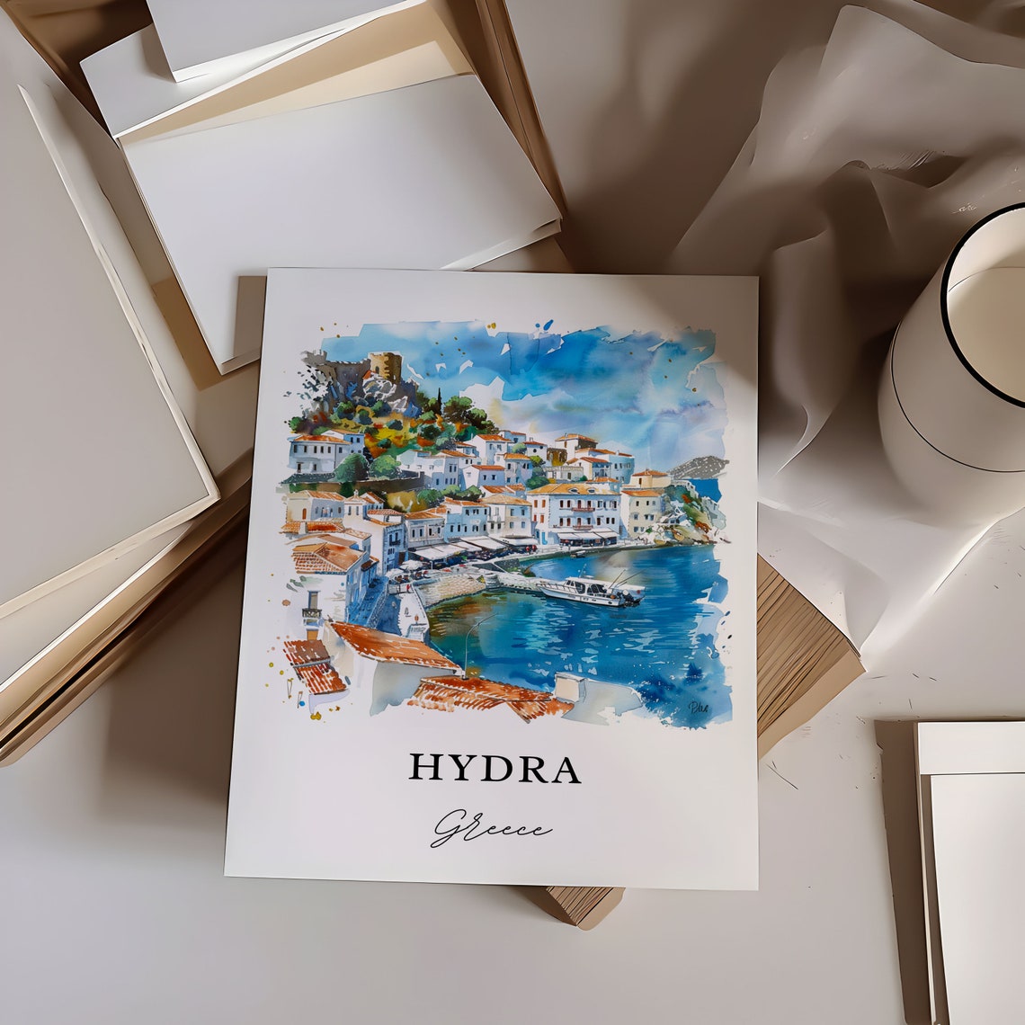 Hydra Greece Island Harbor Town Sparkling Watercolor Travel Poster - Image 5