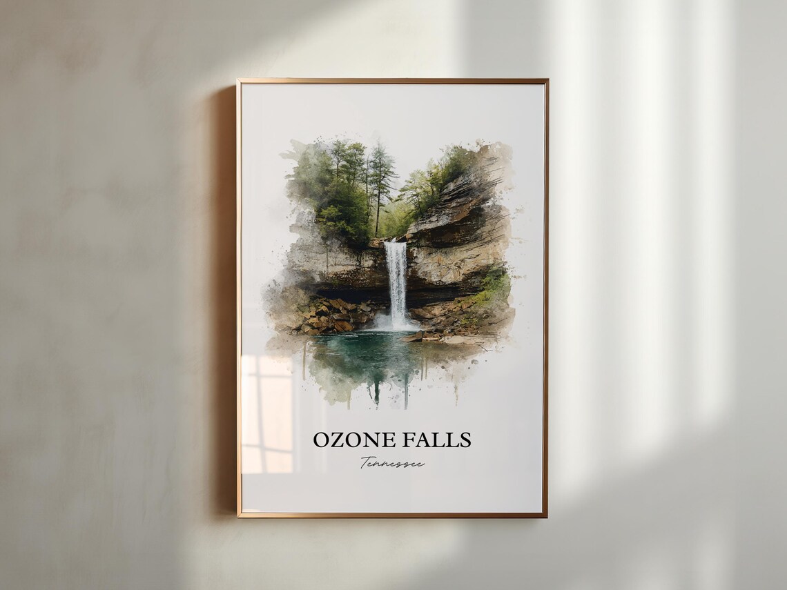 Ozone Falls Tennessee Teal Pool Plunge Cascade Watercolor Poster - Image 5