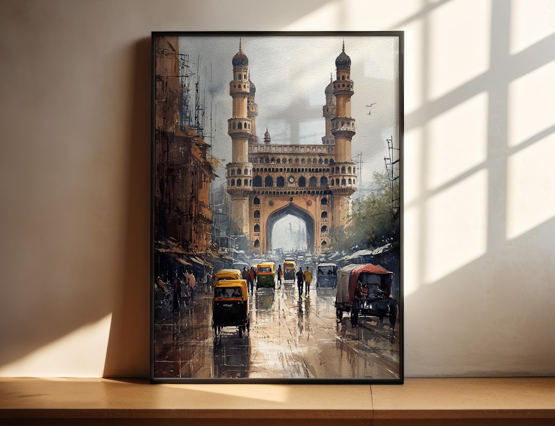 Hyderabad India Watercolor Travel Poster, Asia Decor