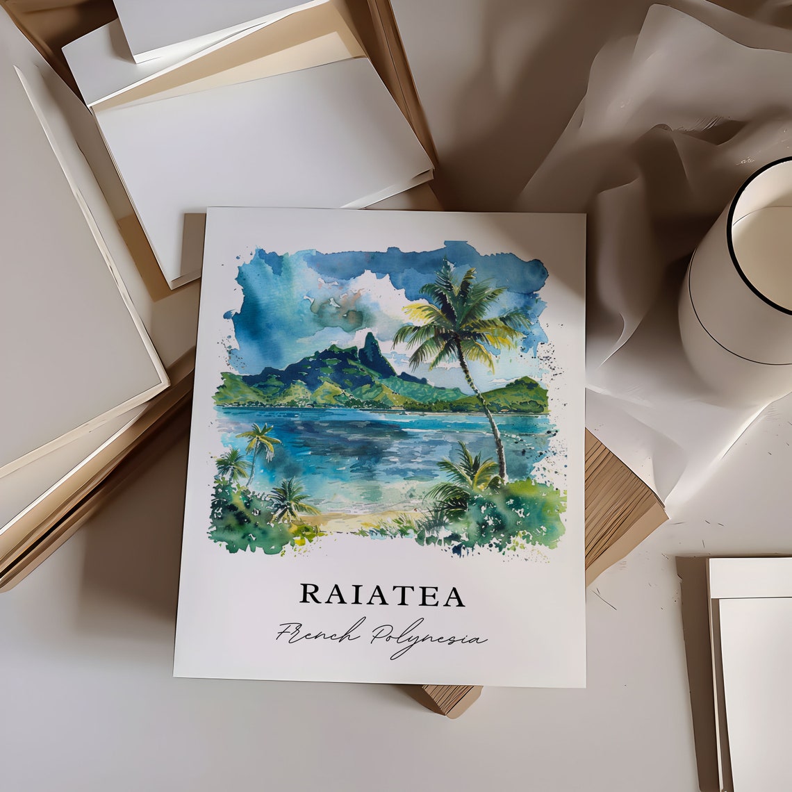 Raiatea French Polynesia Palm Beach Mountain Watercolor Art Poster - Image 6