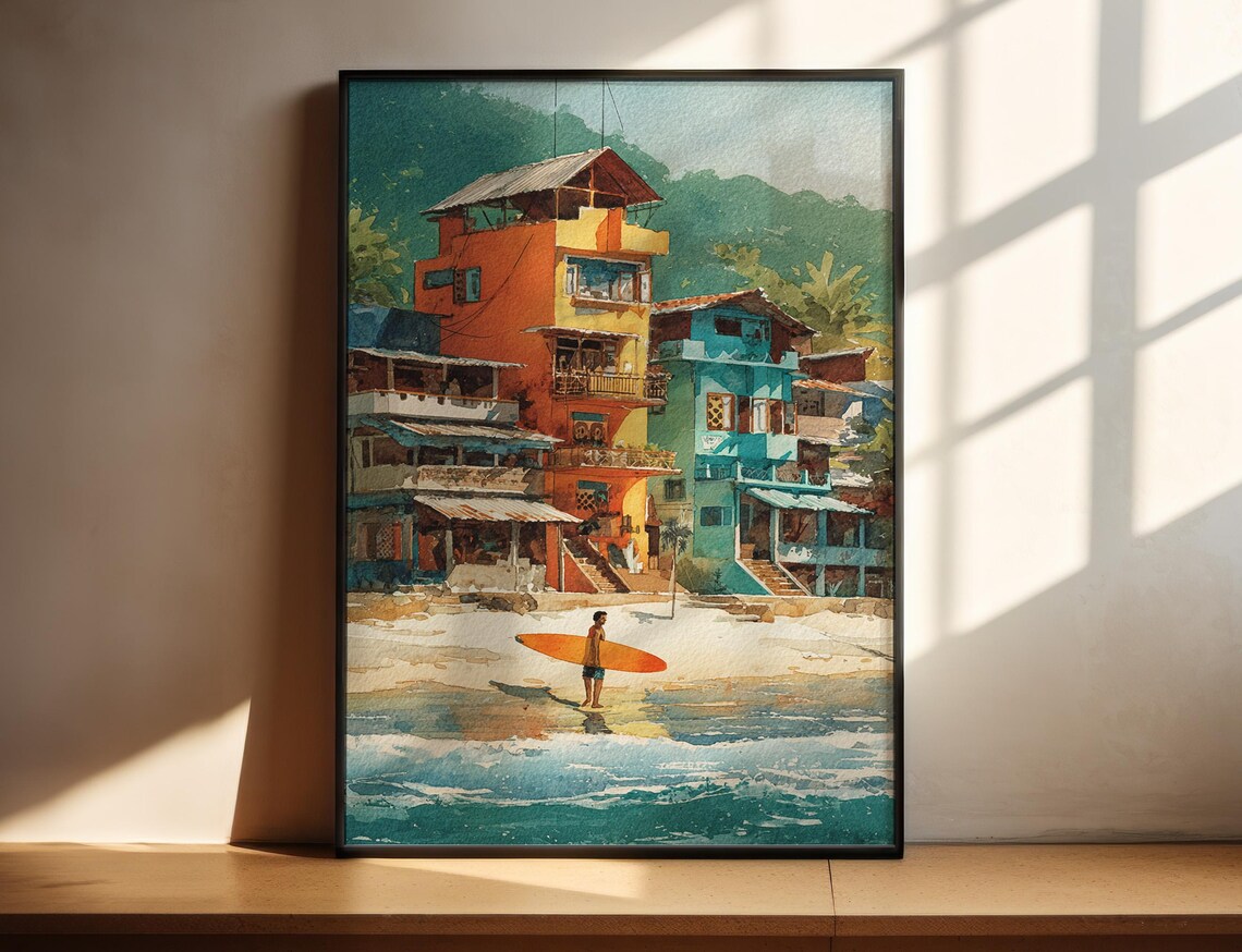 Montanita Ecuador Surf Town Colorful Beach Buildings Watercolor Poster