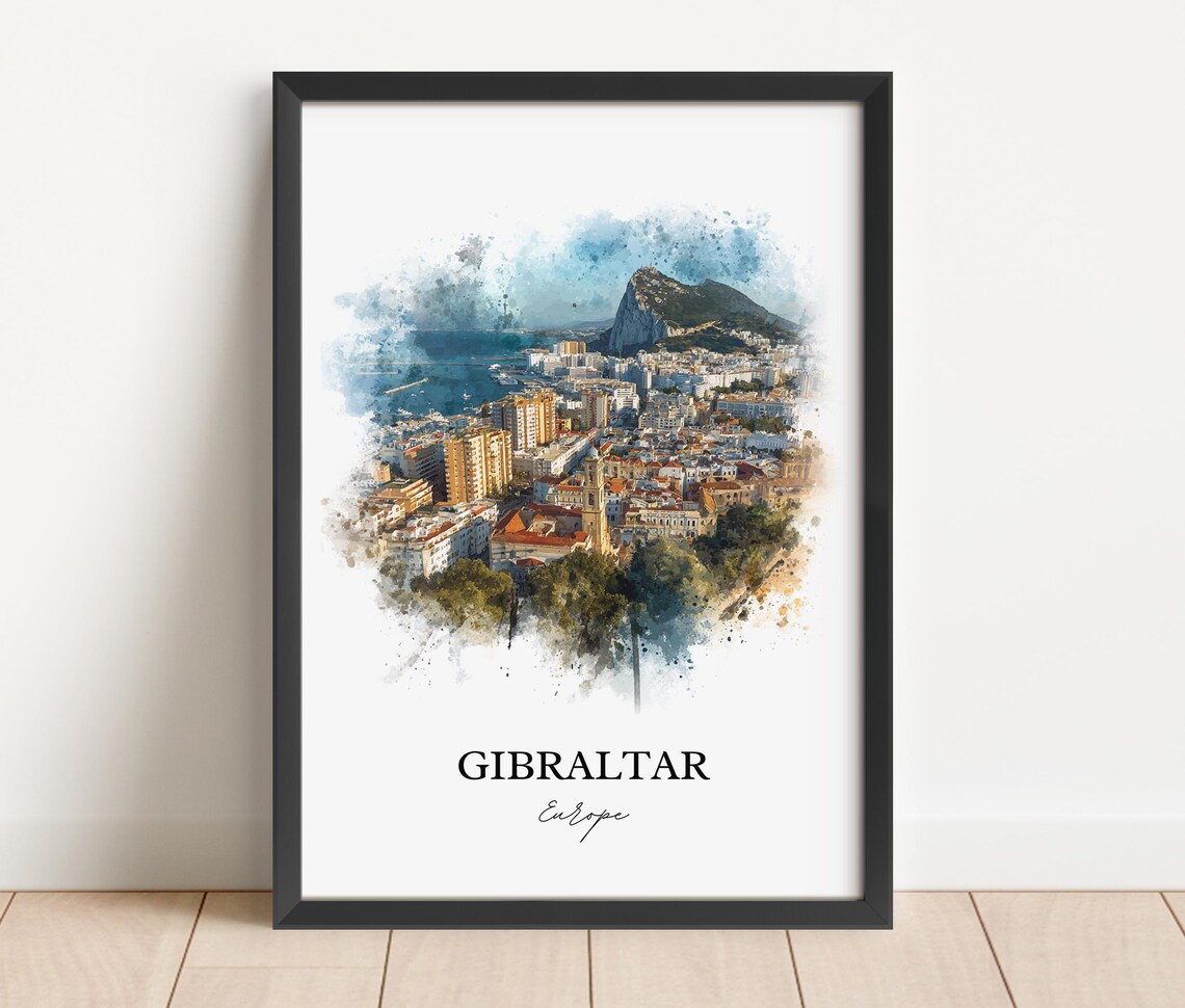 Gibraltar The Rock City Watercolor Aerial View Travel Europe Poster - Image 4