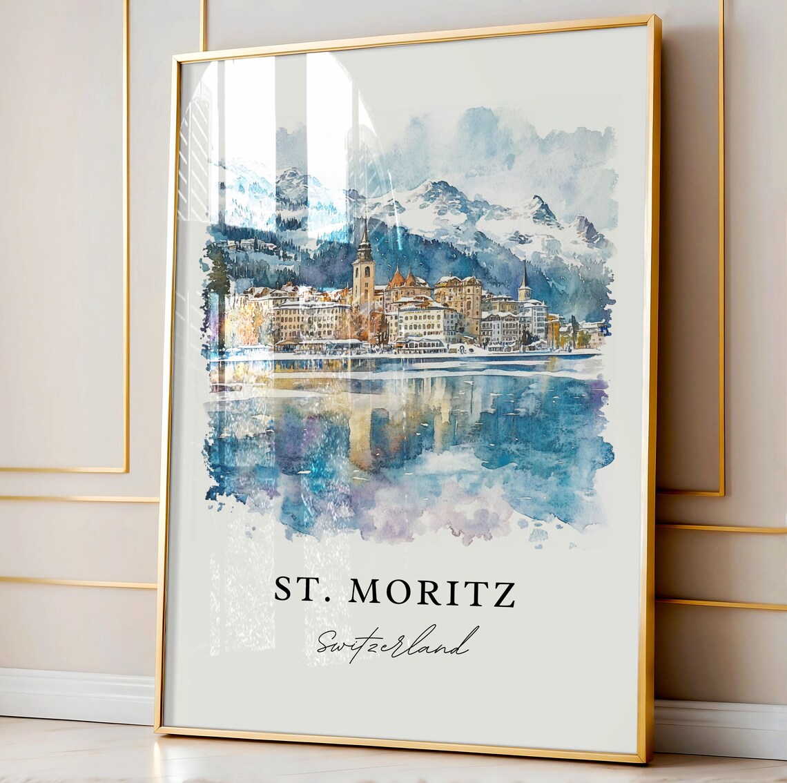 St. Moritz Switzerland Snowy Alpine Lake Watercolor Travel Poster - Image 4