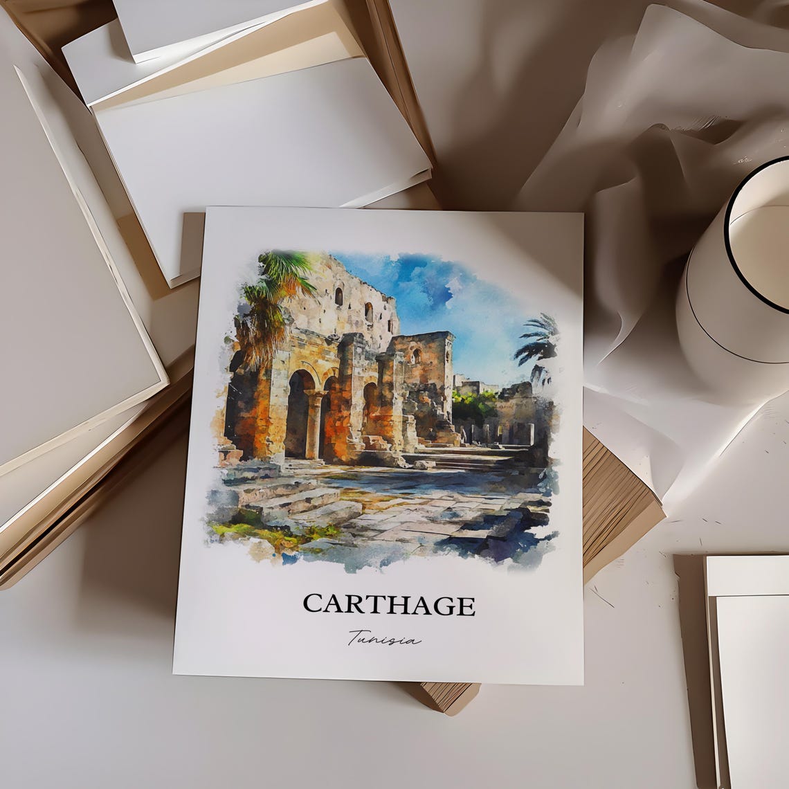 Carthage Tunisia Ancient Stone Ruins Watercolor Travel Poster - Image 3