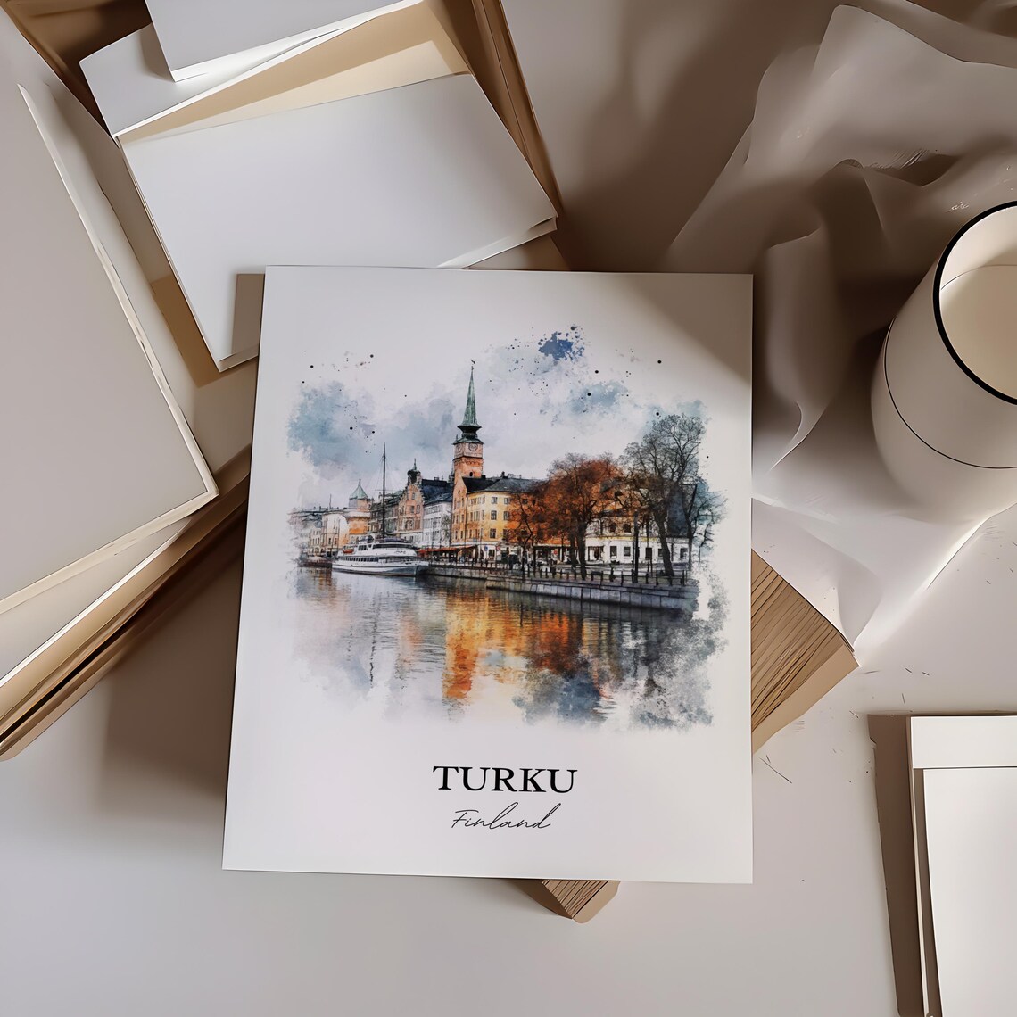 Turku Finland Riverside Old Town Watercolor Skyline Travel Art Poster - Image 3