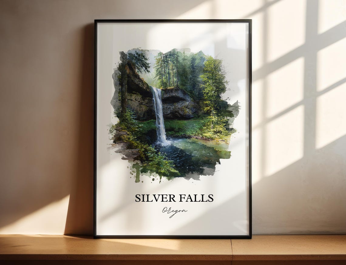 Silver Falls Oregon Marion County Forest Waterfall Watercolor Poster