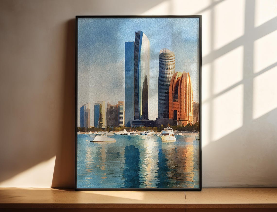 Abu Dhabi Waterfront Skyline Modern Towers Watercolor Poster