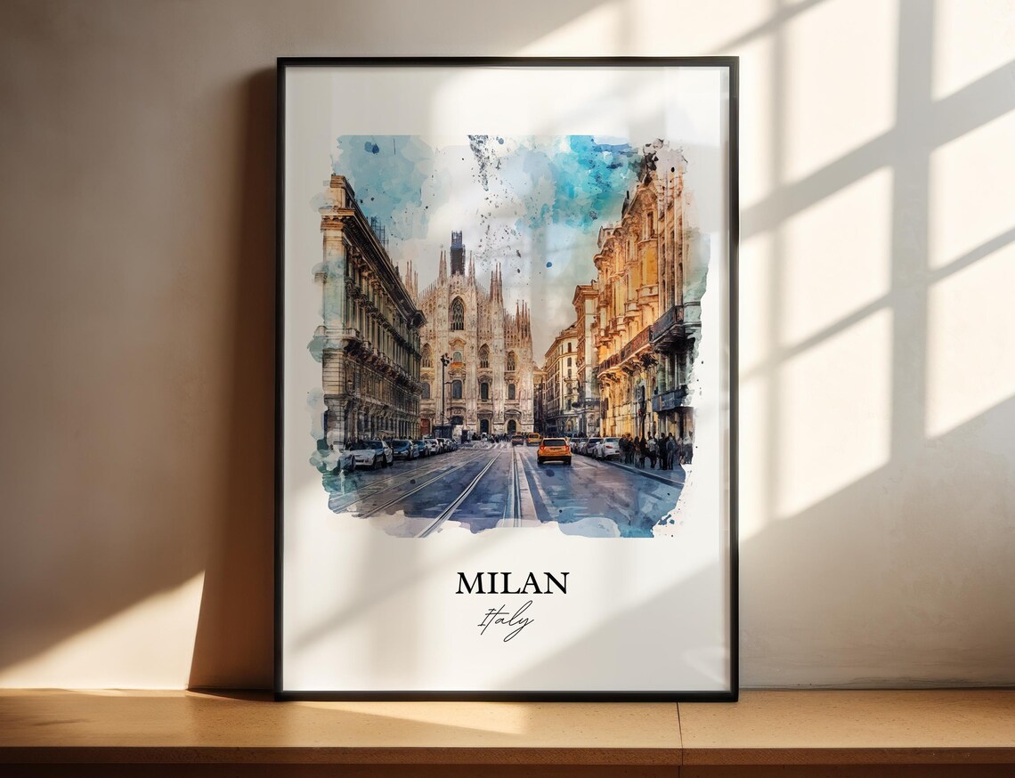 Milan Italy Watercolor Duomo Cathedral Street Scene Travel Poster
