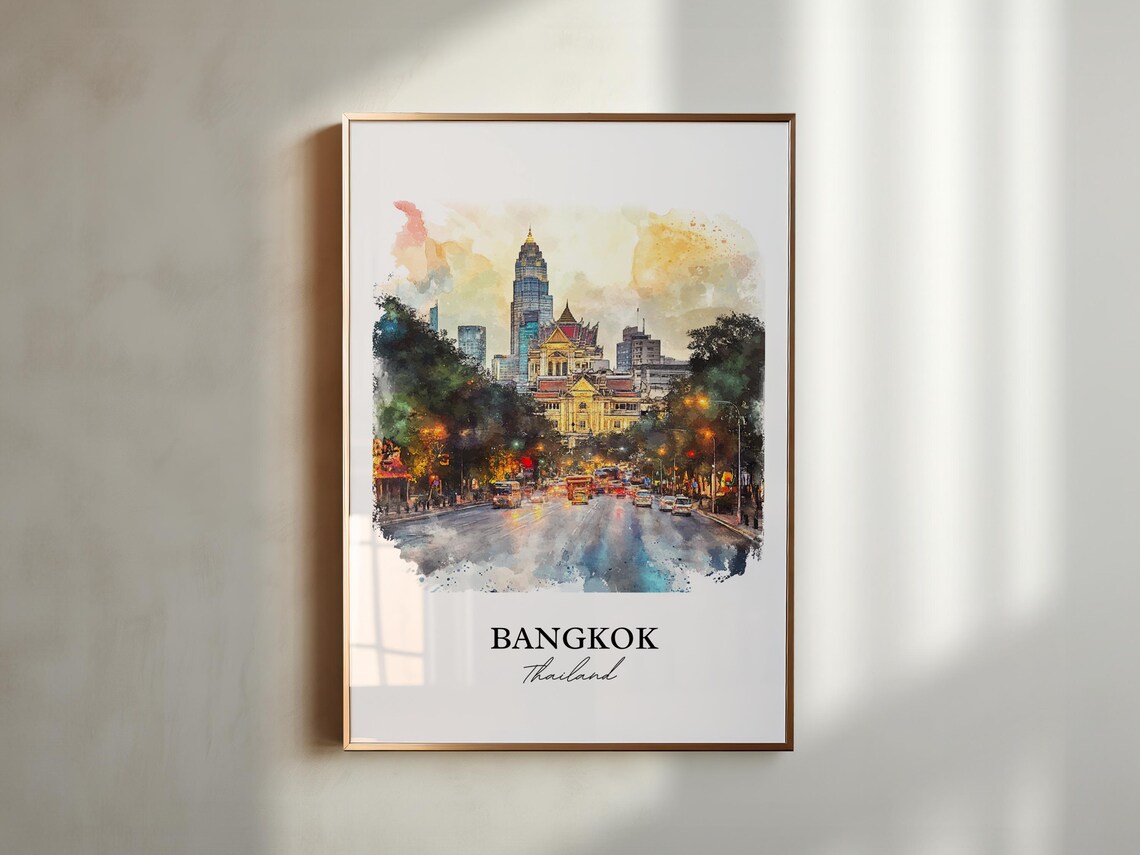 Bangkok Thailand City Night Street Lights Watercolor Travel Poster - Image 4
