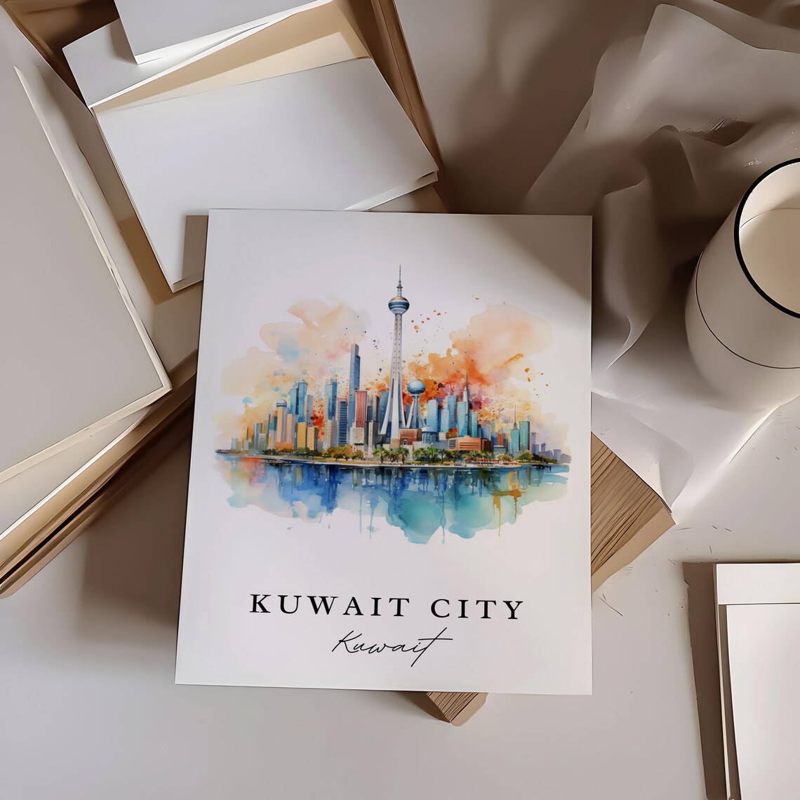 Kuwait City Kuwait Modern Skyline Tower Watercolor Travel Poster - Image 6