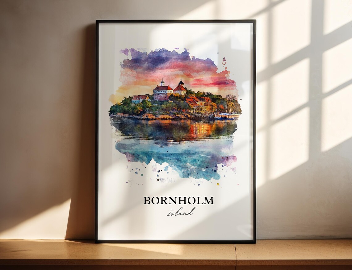 Bornholm Island Denmark Castle Sunset Harbor Watercolor Poster