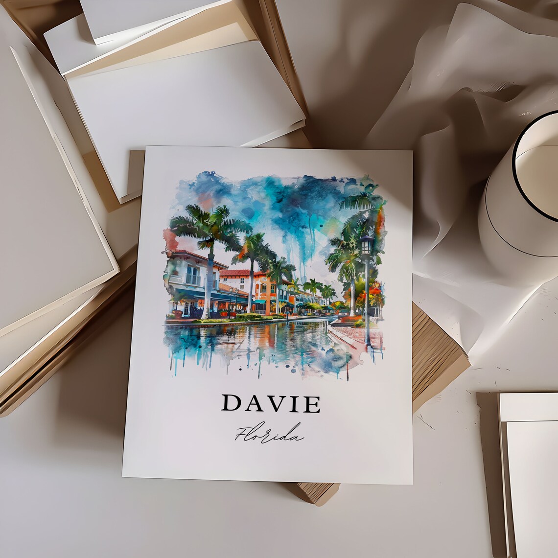 Davie Florida Watercolor Waterfront Promenade Palm Trees Poster - Image 5