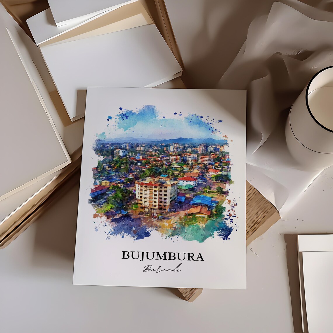 Bujumbura Burundi City Panorama Watercolor Aerial Travel Poster - Image 3