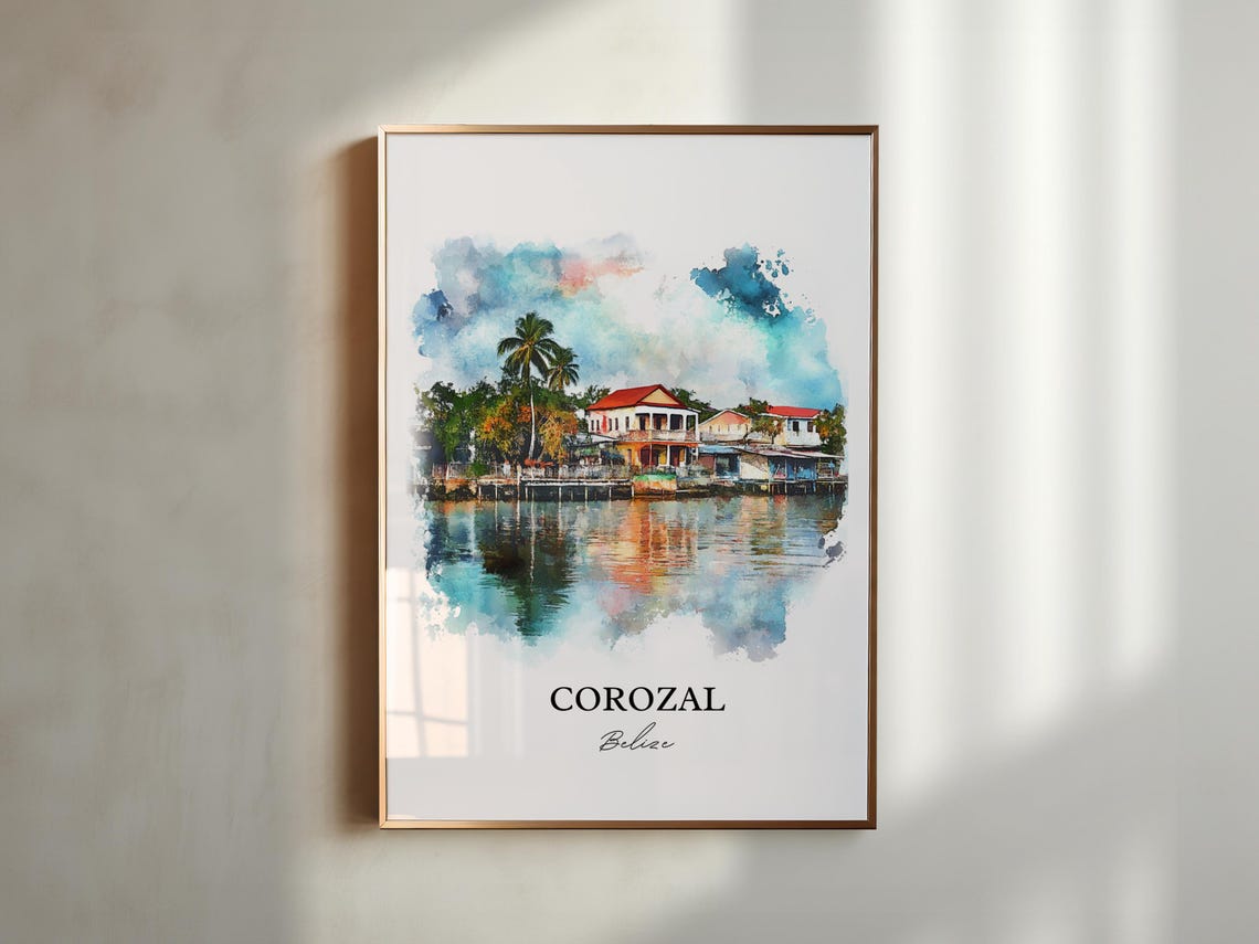 Corozal Belize Watercolor Waterfront Houses Lagoon Scene Poster - Image 6