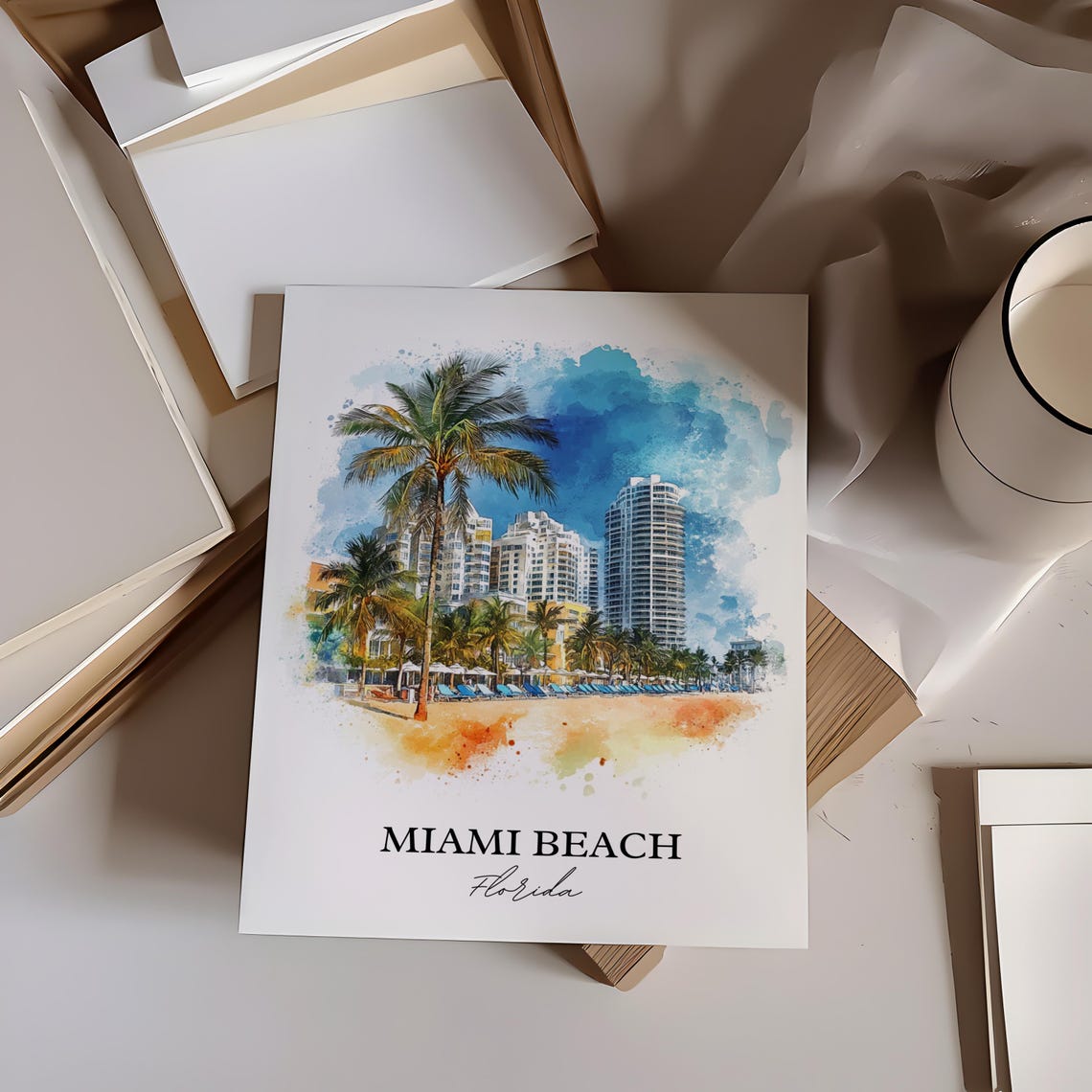 Miami Beach Florida Watercolor Palm Skyline Beach Scene Poster - Image 2