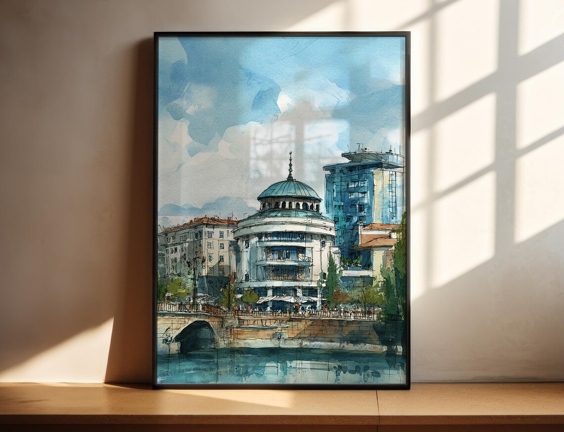 Riverside Old Town Domed Building Bridge Watercolor City Art Poster
